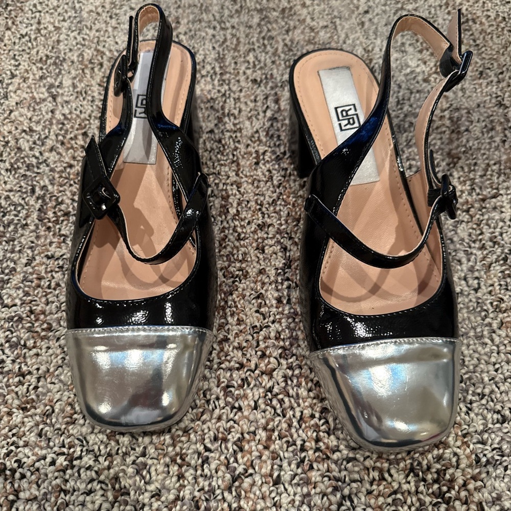 Black and Silver Slingback Heels with Square Toe
